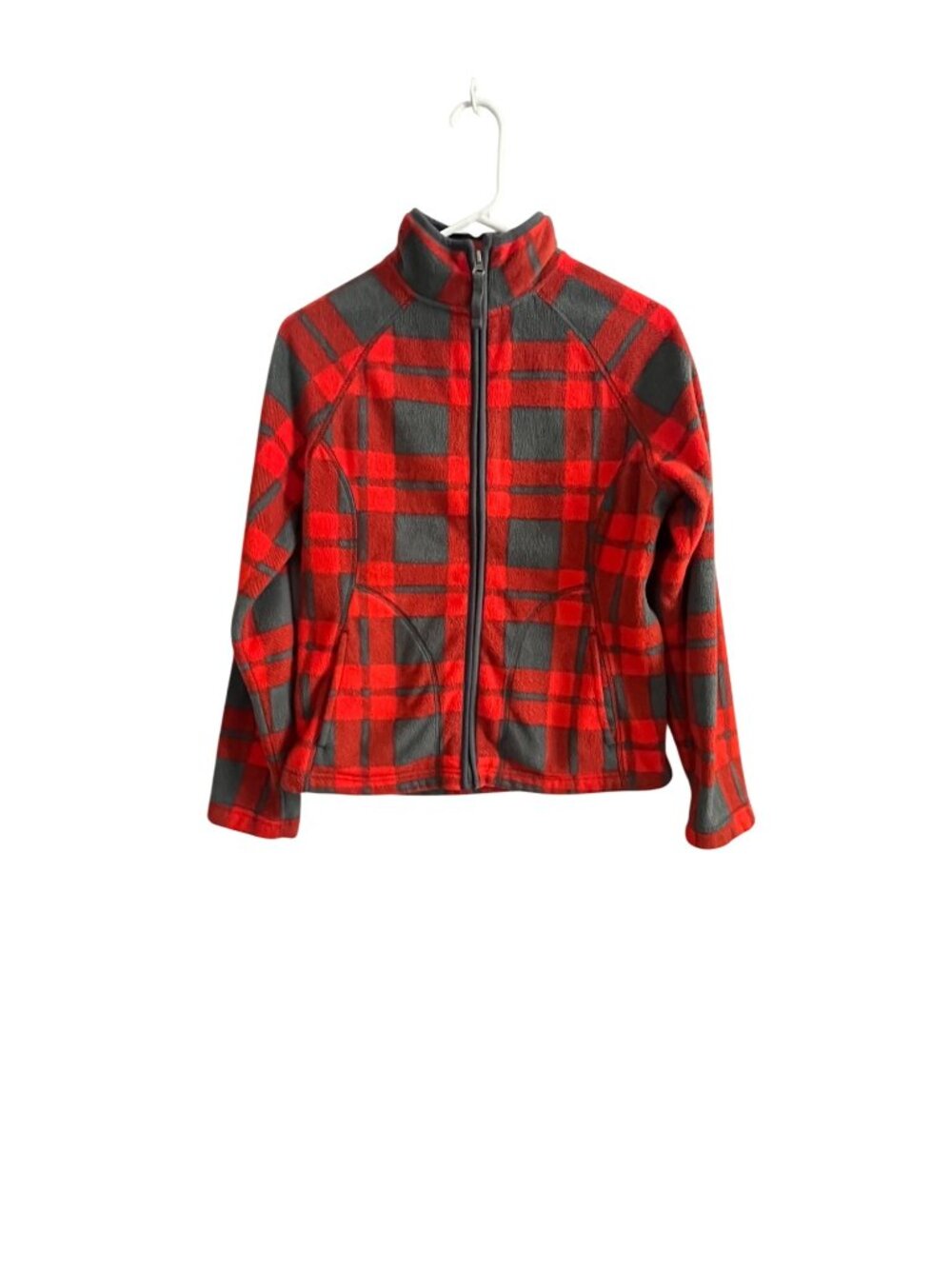 Merona Red Gray Plaid Fleece Jacket Womens XS Full Zip Cozy Long Sleeve